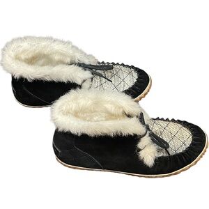Sorel Out 'N About Moc Slippers Black Glitter Faux Fur Lined Booties Women Sz 7